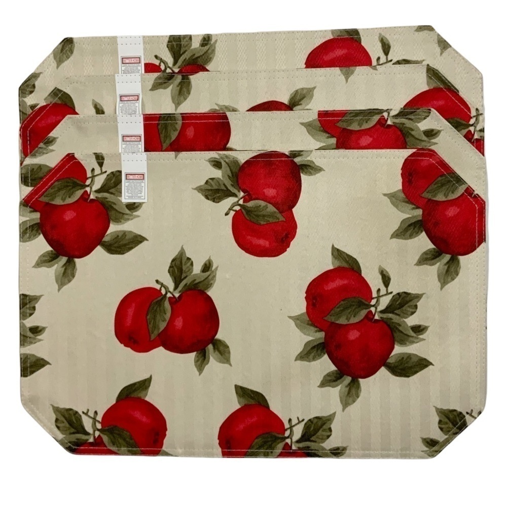 Apple Printed Linen 8 Fabric Placemats Reversible 18” X 12” Cream Red Set of 8